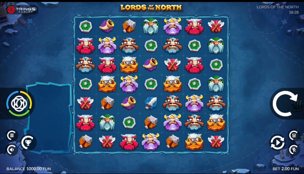 The 7x7 game grid of the Lords of the North slot demo, showing Viking and weapon symbols.
