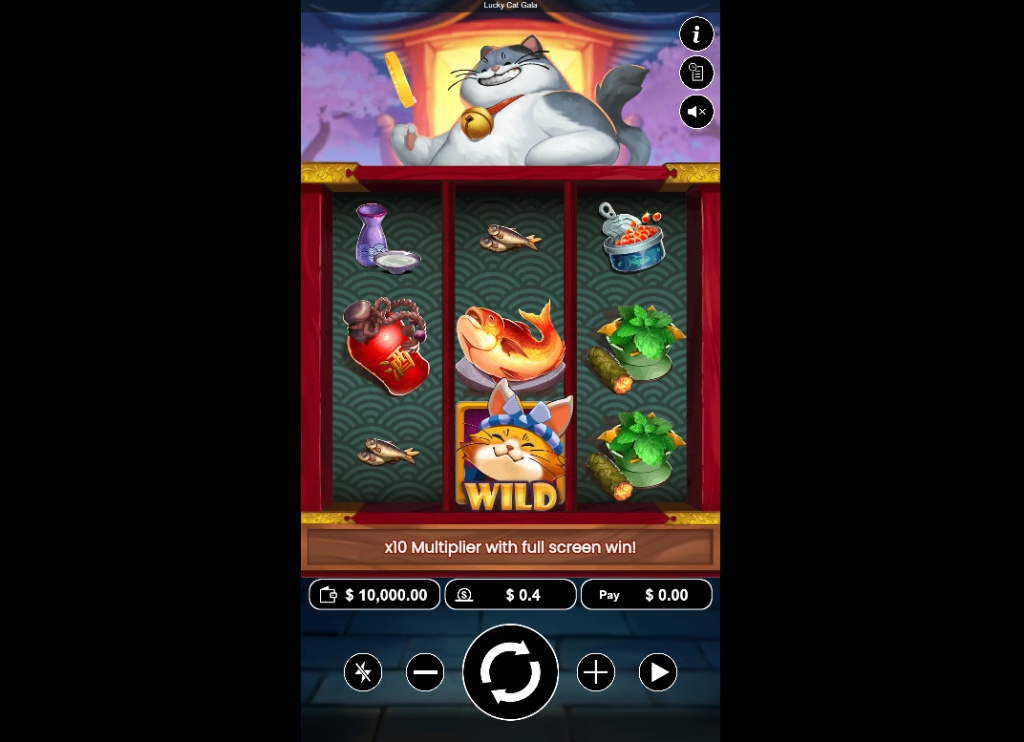 The 3x3 reel layout of the Lucky Cat Gala slot demo, showing cartoonish food and cat symbols.