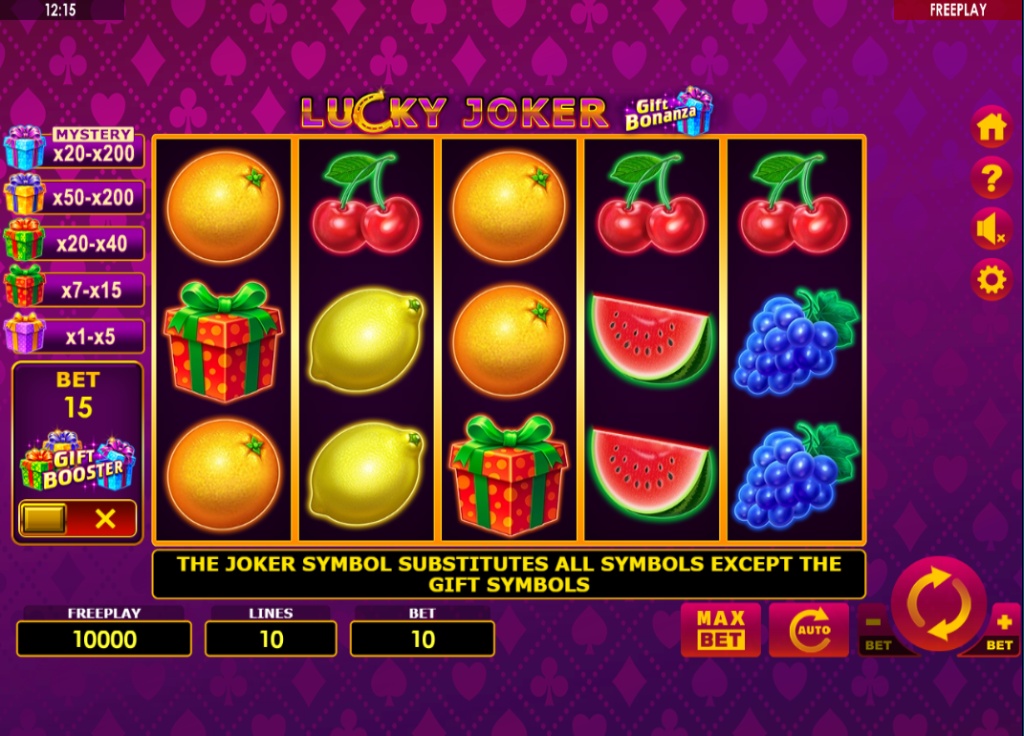The 5x3 reel layout of the Lucky Joker Gift Bonanza slot, showing classic fruit symbols and the 10 paylines.
