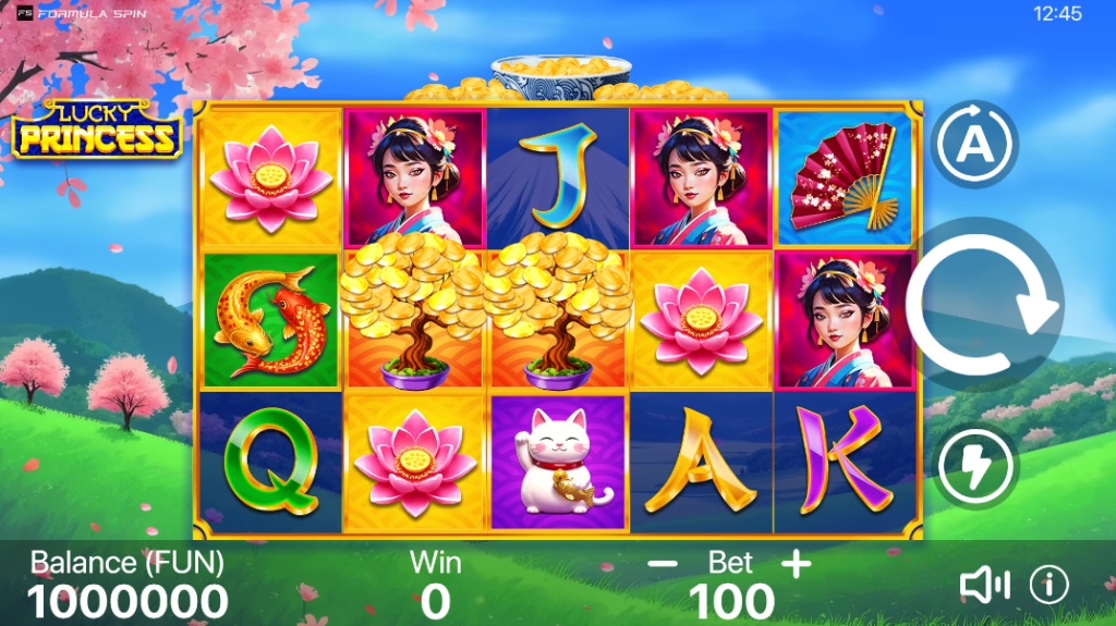 The main game field of the Lucky Princess slot, showing 5x3 reels against a backdrop of a cherry blossom landscape.