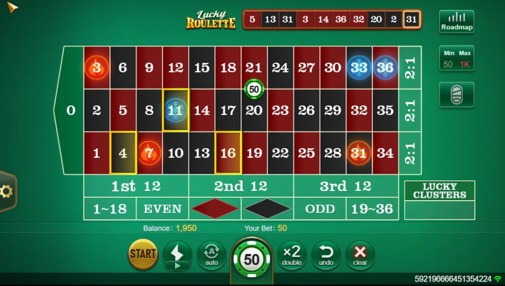 The main game board layout of the Lucky Roulette demo, showing the 0-36 number grid and betting options.