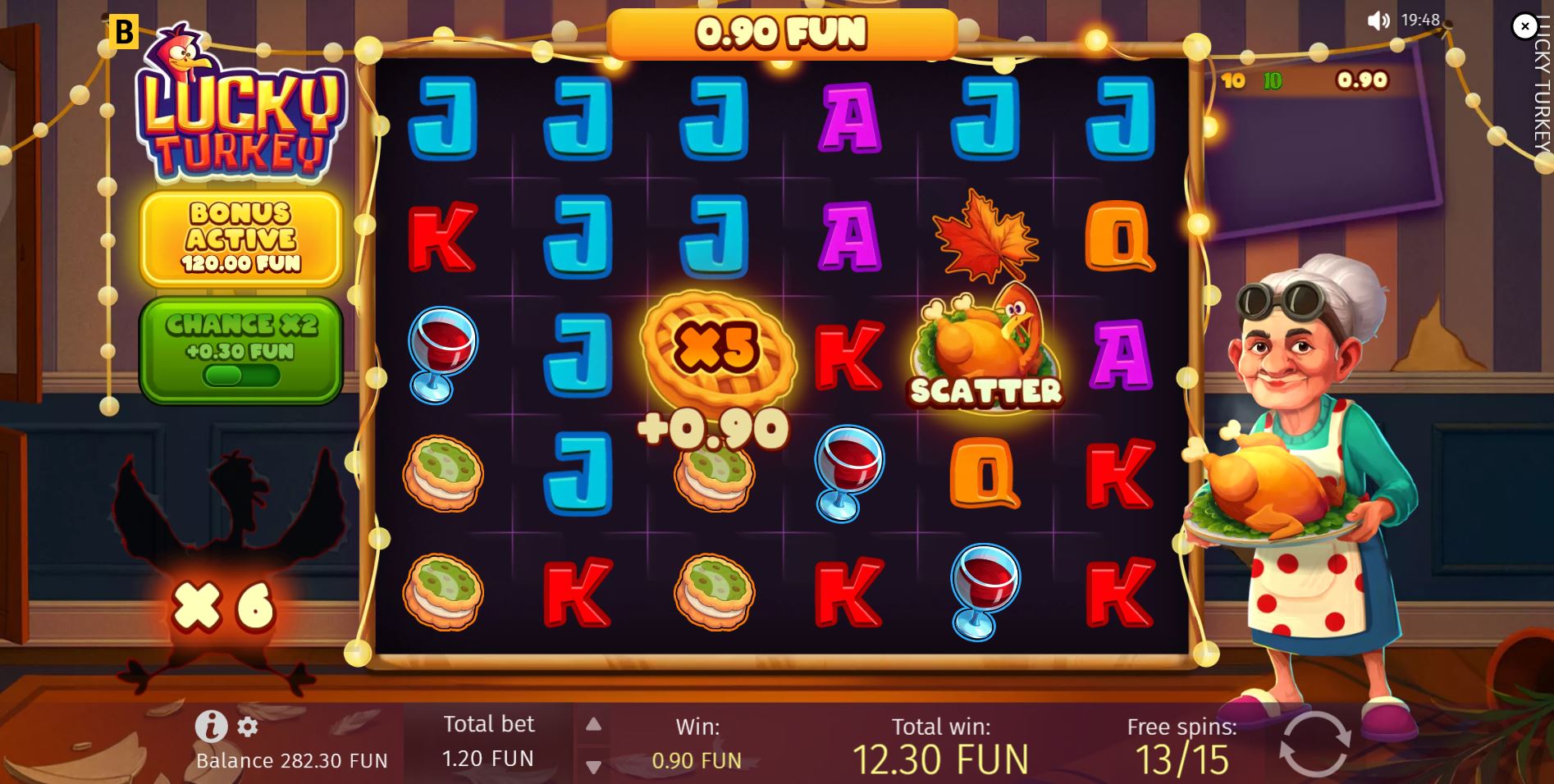 The free spins bonus round interface in Lucky Turkey, displaying the growing accumulative multiplier on the left.