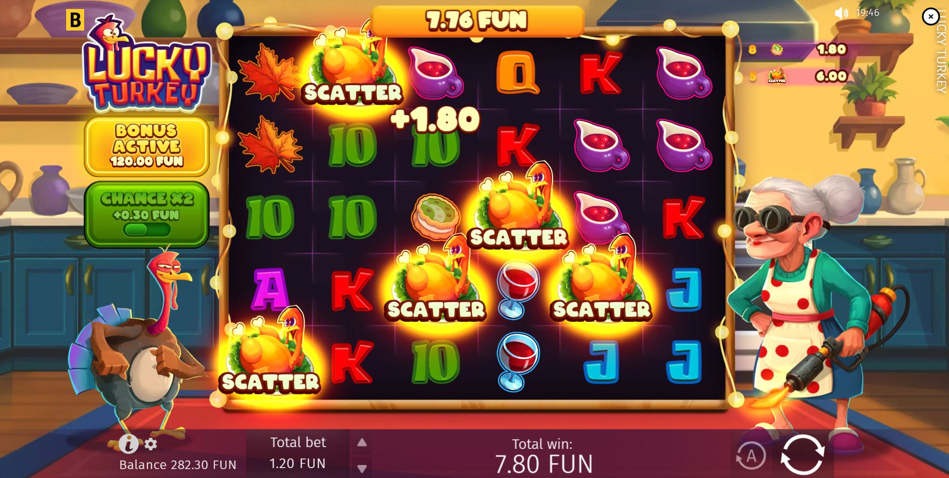 Four turkey scatter symbols landing on the reels to trigger the 15 free spins bonus round in the Lucky Turkey game.