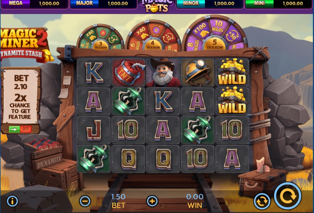 Magic Miner 2 slot base game interface showing 5x4 grid and miner character.