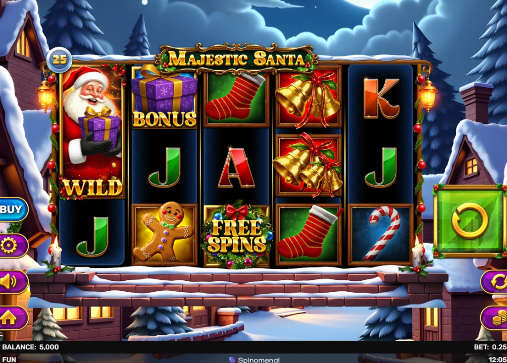 The main 5x3 game grid of the Majestic Santa slot demo, showing the snowy village background and game symbols.