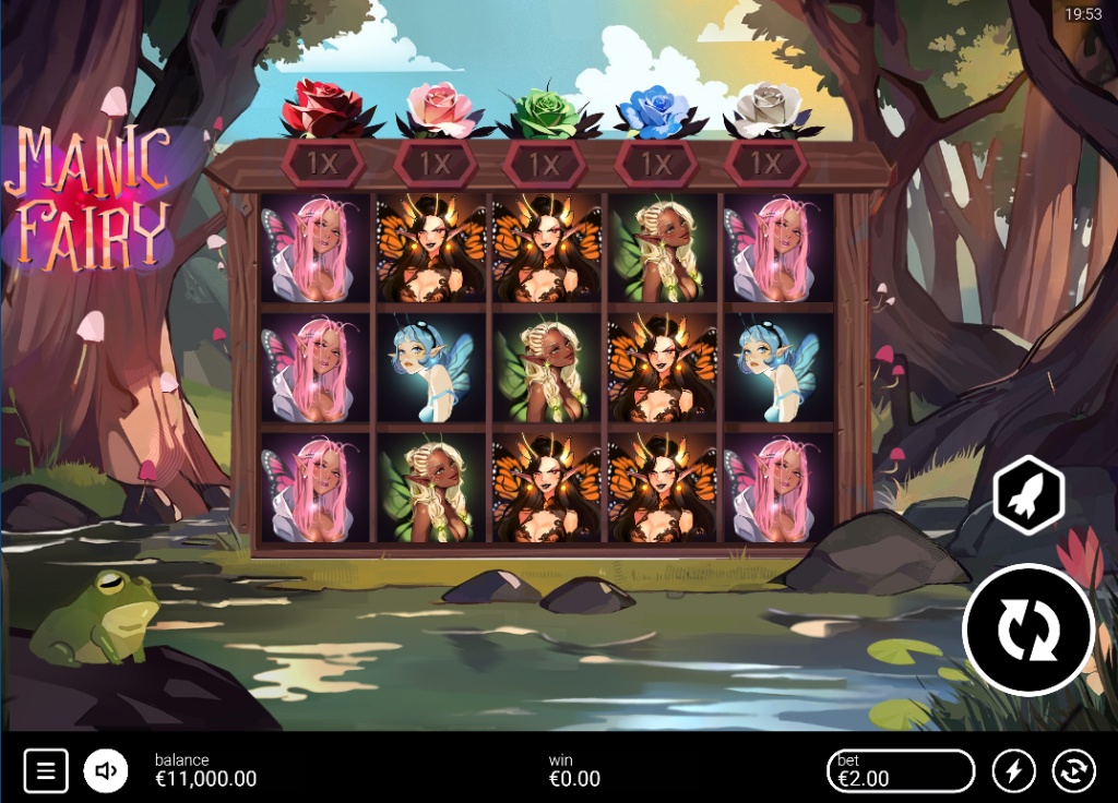 Manic Fairy slot base game screen showing 5x3 reel set with fairy symbols and dark swamp background.