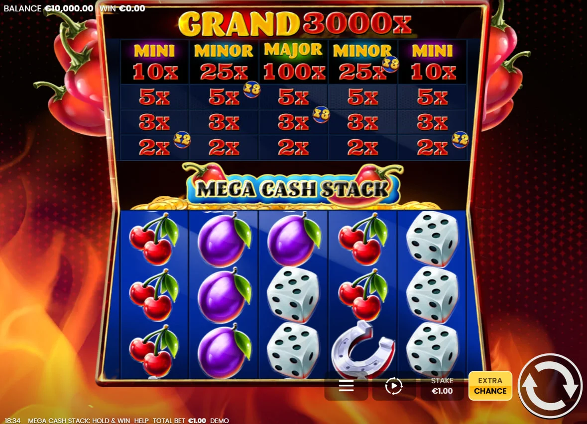 Mega Cash Stack main game grid with cash ladder showing multipliers and jackpots above the reels for clear player navigation.