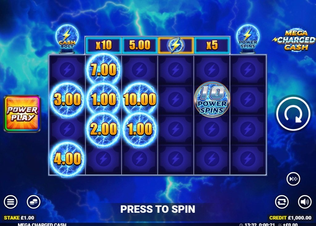 The main 6x5 game grid of the Mega Charged Cash slot, showing the horizontal Power Up Reel.