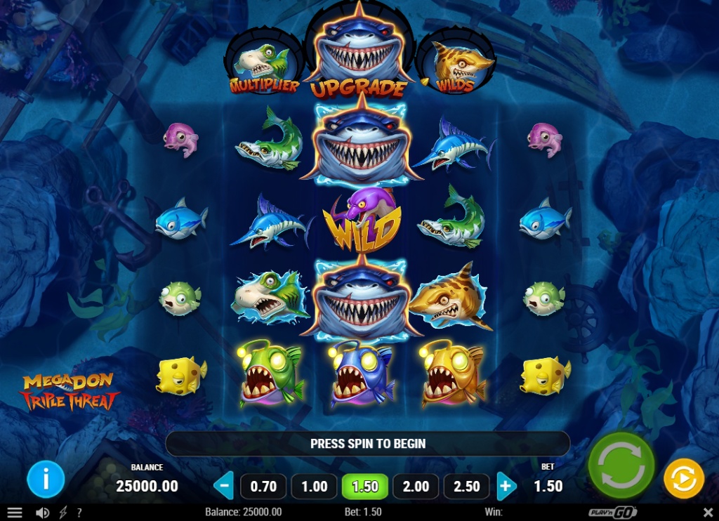 5x4 reel grid of Mega Don Triple Threat slot by Play'n GO featuring sharks and small fish symbols underwater.
