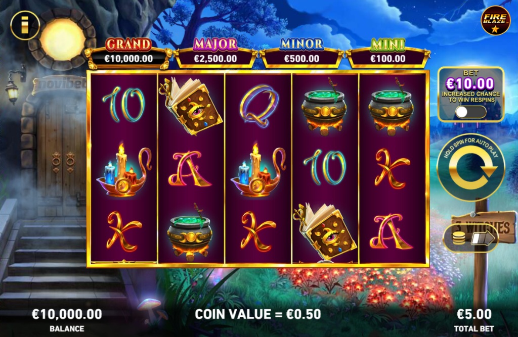 Main 5x3 reel grid of Mega Fire Blaze 3 Witches slot by Playtech set against a dark forest background with cauldron and potion symbols.