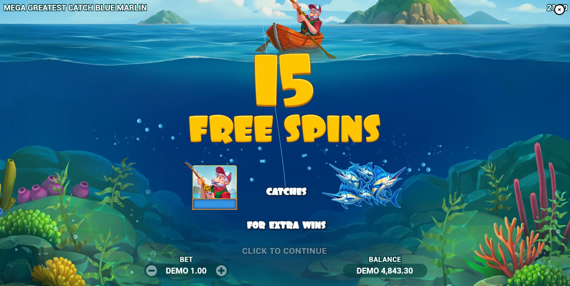 Triggering the 15 free spins bonus round in the Mega Greatest Catch Blue Marlin online slot.