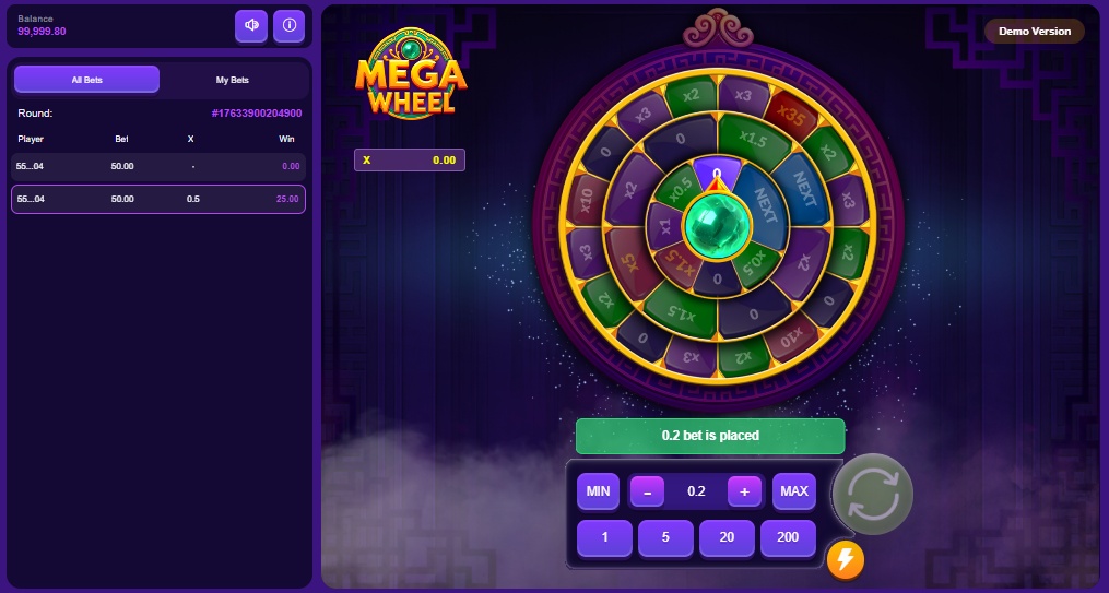 Mega Wheel casino game interface by PopOK Gaming showing the purple 3-level wheel, bet controls, and current balance.