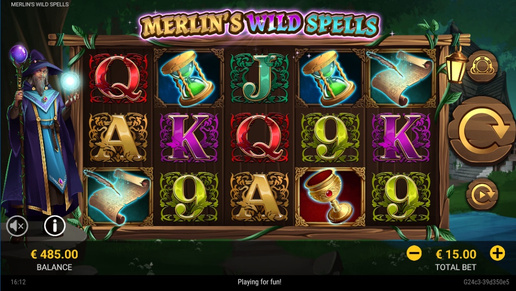 A view of the Merlin's Wild Spells slot base game, showing the 5x3 reel layout and magical forest theme.