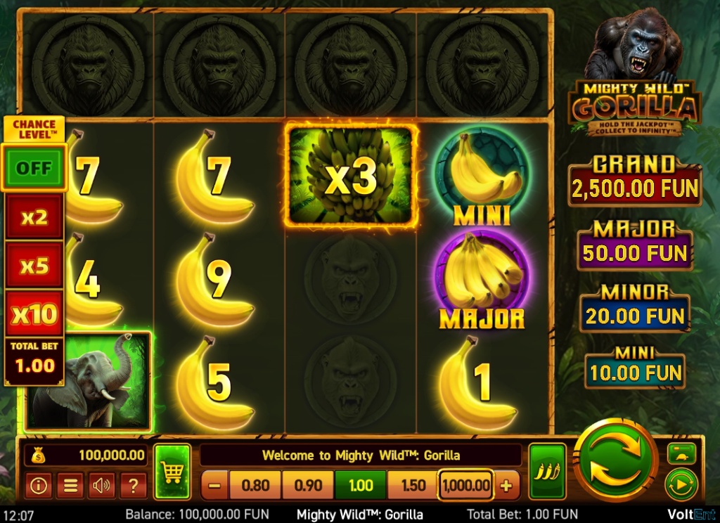 Mighty Wild: Gorilla slot base game view showing the 5x3 reels and the special top collector reel.