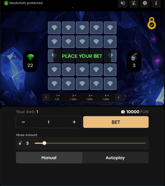 Mines casino game by PlayBro showing clean 5x5 grid interface and betting options.