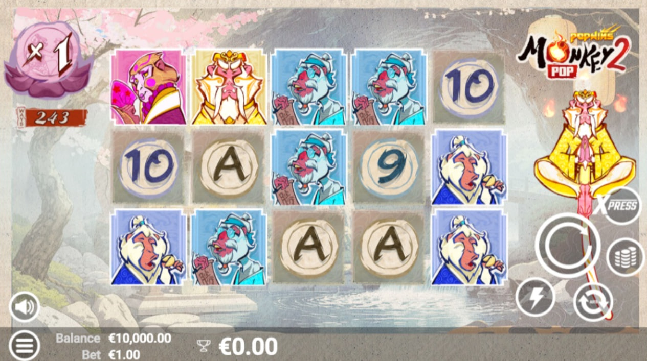 The main game grid of the MonkeyPop 2 slot, showing the 5x3 reel layout and unique watercolor art style.