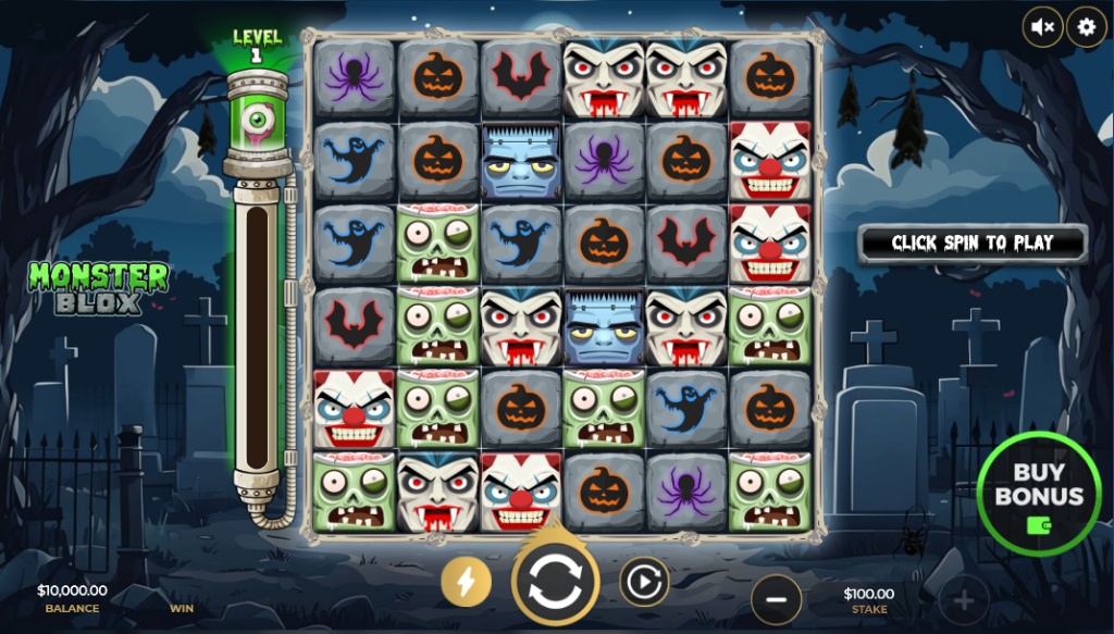 he main 6x5 game grid of the Monster Blox slot, showing the cartoon monster symbols and the spooky graveyard background.