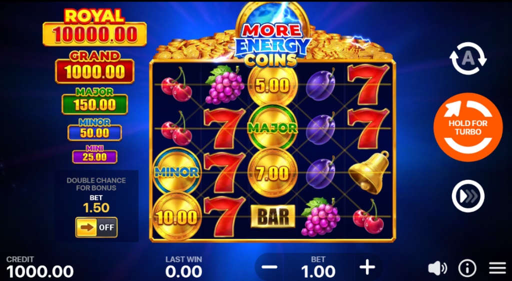 Base game grid of More Energy Coins slot by Playson featuring 5 reels and fruit symbols like grapes and melons.