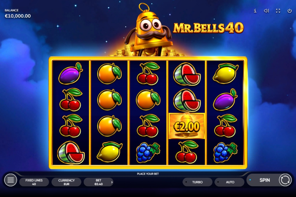 The 5x4 reel layout of the Mr. Bells 40 slot demo, showing fruit symbols and stacked wilds.