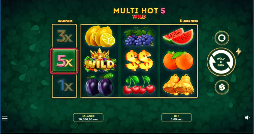 The main 3x3 game grid and 4th Multiplier Reel of the Multi Hot 5 Wild slot in demo mode.