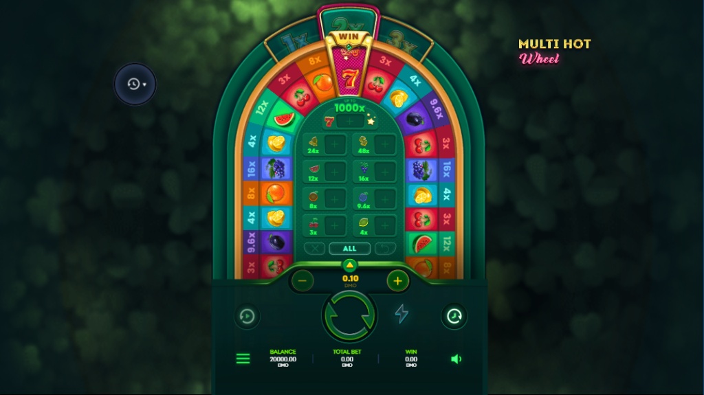 The main game interface of Multi Hot Wheel, showing the central betting grid and the 50-sector outer multiplier wheel.