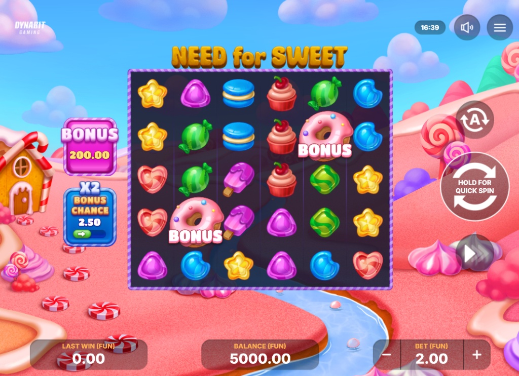 Need for Sweet base game view showing the 6x5 grid and candy symbols.