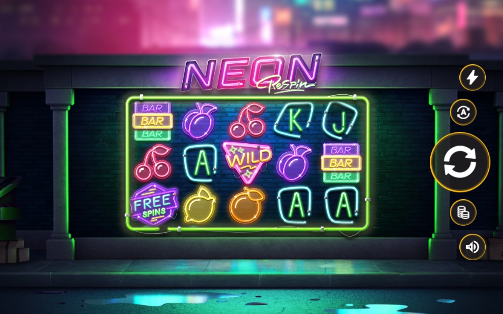The 5x3 main game grid of the Neon Respin slot, showing neon-lit fruit, BAR, and royal symbols.