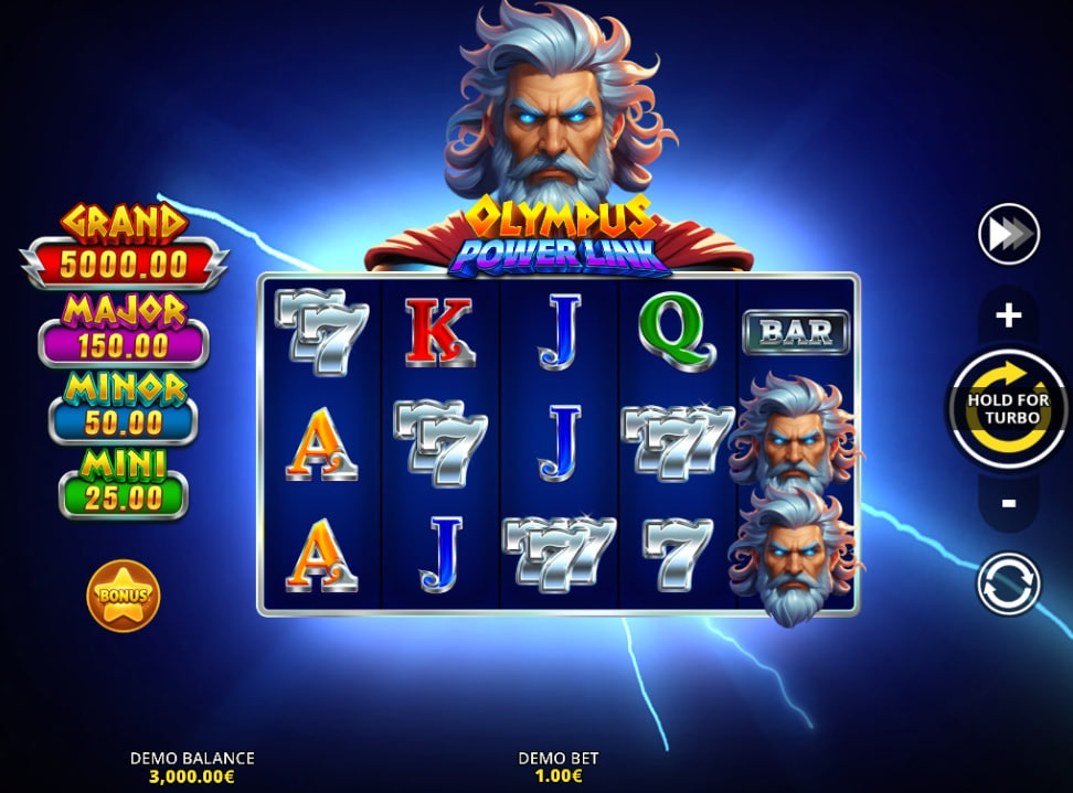 Olympus Power Link slot base game showing 5x3 grid with Zeus symbols and electric blue background.