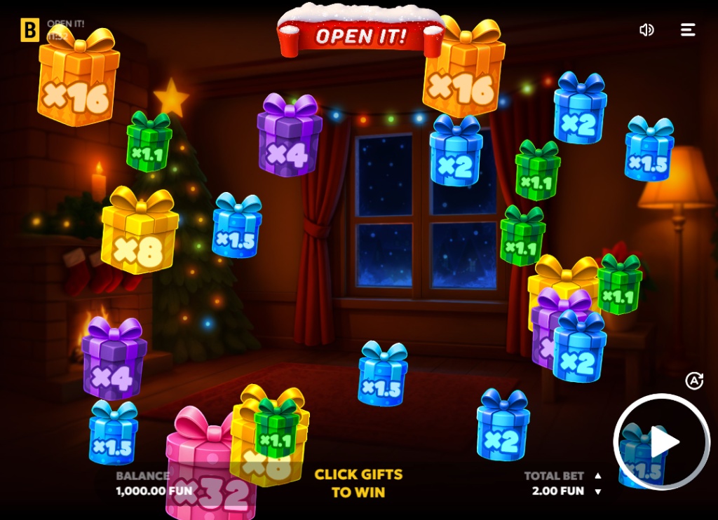 Open It! casino game interface showing floating gift boxes with various multipliers and a festive fireplace background.