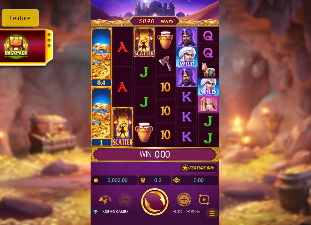 Open Sesame Mega slot base game interface showing 6 reels and Split Way mechanic.
