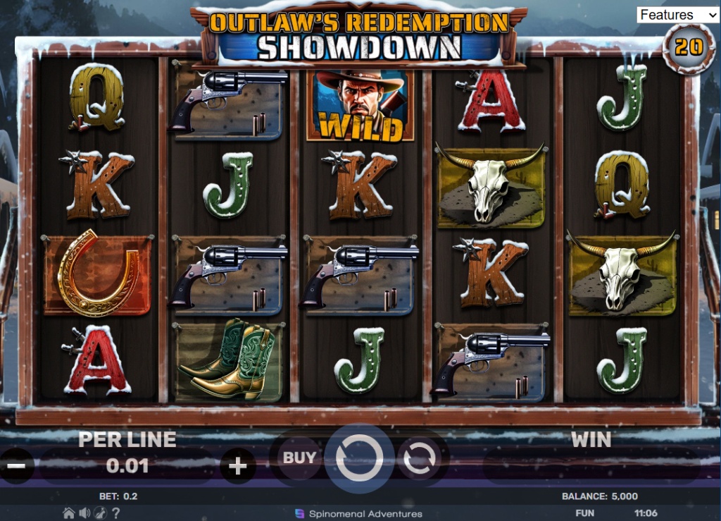 Outlaw's Redemption Showdown slot base game interface featuring a 5x4 grid set in a snowy western town with high value cowboy symbols.