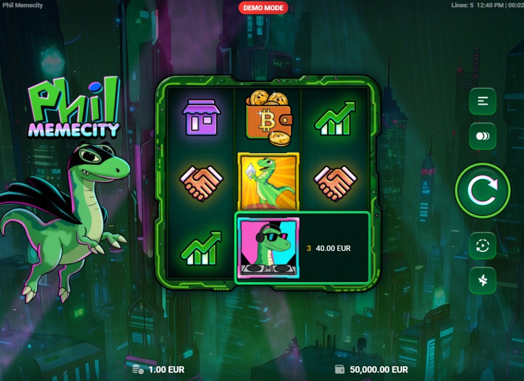 Phil Memecity slot base game view showing the 3x3 reel layout and crypto-themed symbols.