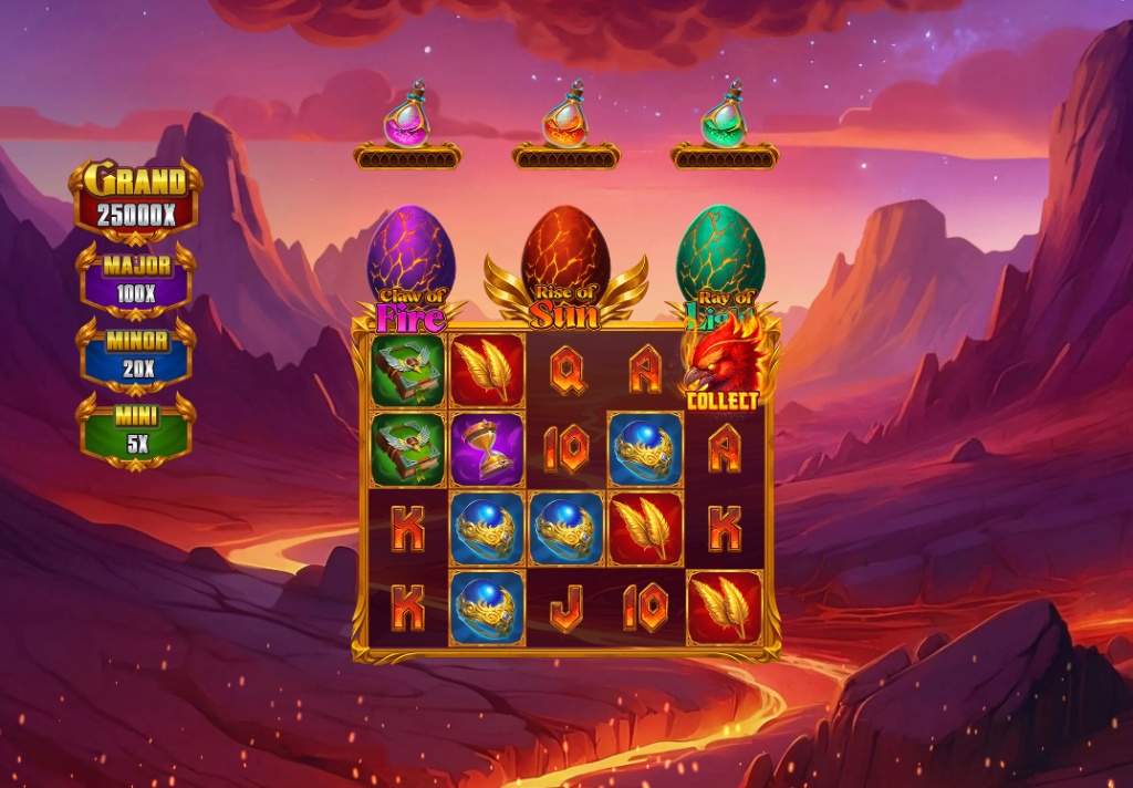 The main view of the 5x5 playing field of the Phoenix Infernal Win slot, where the collecting eggs and boost meters are visible.
