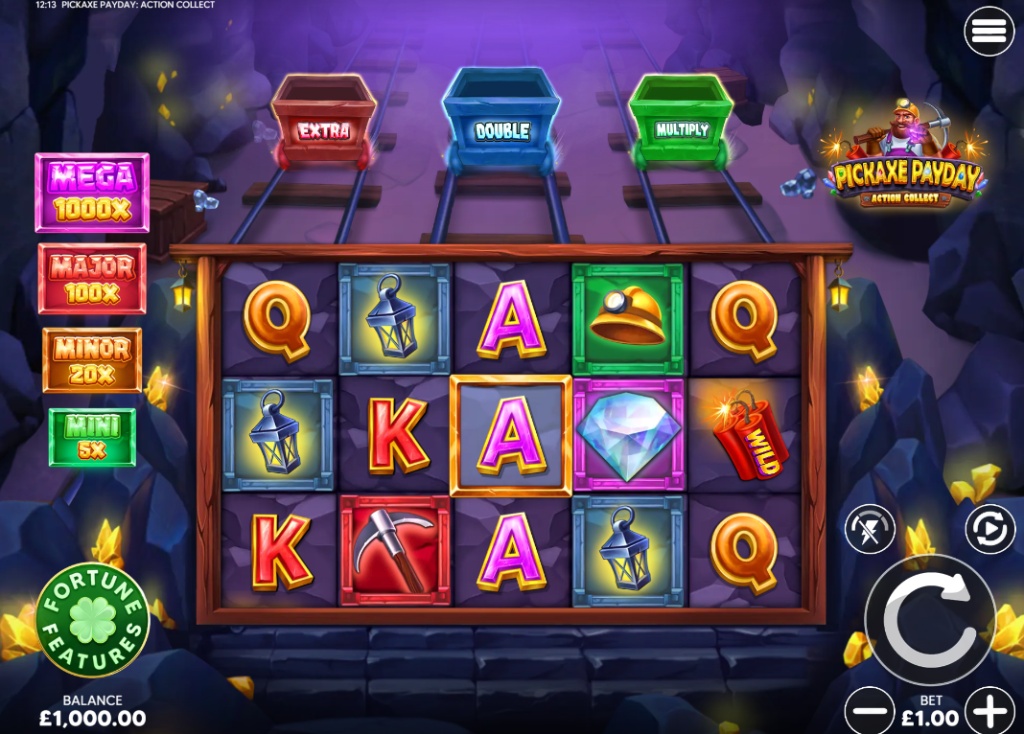 Base game reels of Pickaxe Payday slot showing the Action Collect top reel and mining symbols like pickaxes and lamps.