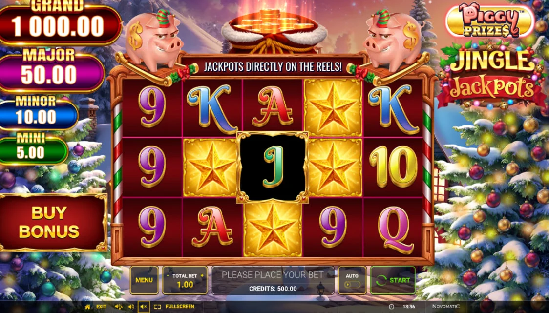 Main gameplay screen of Piggy Prizes Jingle Jackpots showing the 5x3 reel grid and the four fixed jackpot tiers at the top.