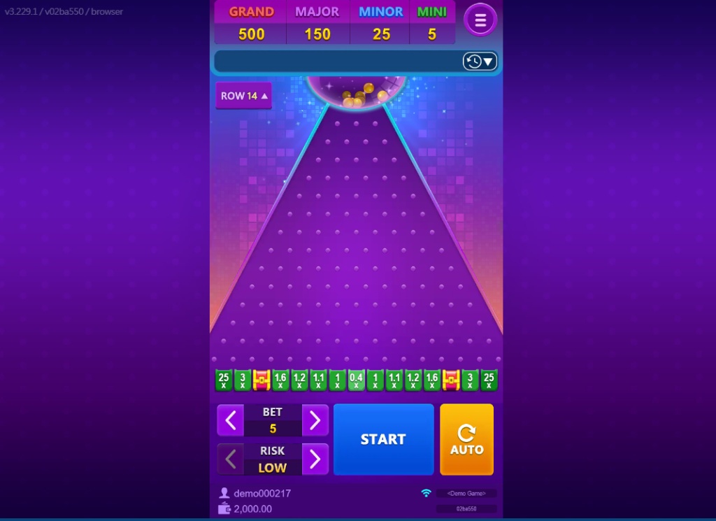 JDB Gaming Plinko slot interface showing the purple pyramid layout, peg structure, and ball drop mechanics.