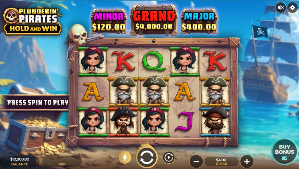 The 5x3 reel layout of the Plunderin' Pirates slot, showing the main game symbols and jackpot values.