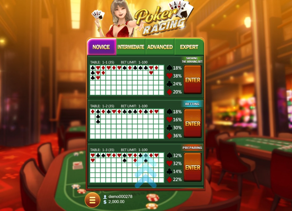 JDB Gaming Poker Racing interface showing the vertical race track with four suits, betting timer, and live odds display.