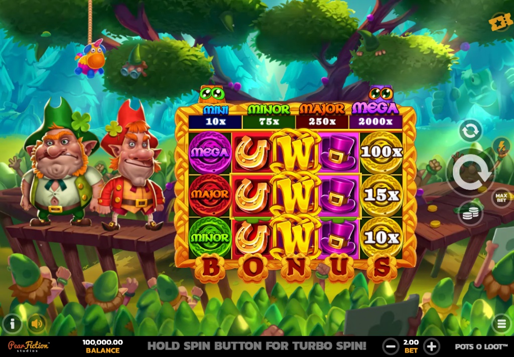 The main 5x3 game grid of the Pots O' Loot slot, showing the leprechaun characters and magical forest background.