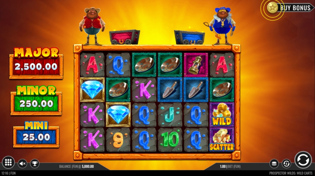 Prospector Wilds Wild Carts slot base game 6x4 grid with gold cart symbols.