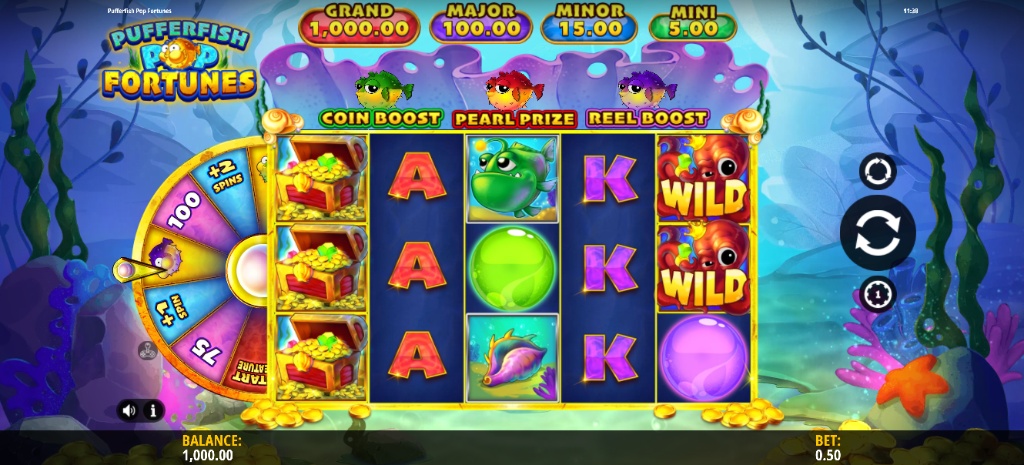he 5x3 reel layout of the Pufferfish Pop Fortunes slot base game, showing the Wheel Feature and bonus-triggering bubbles.