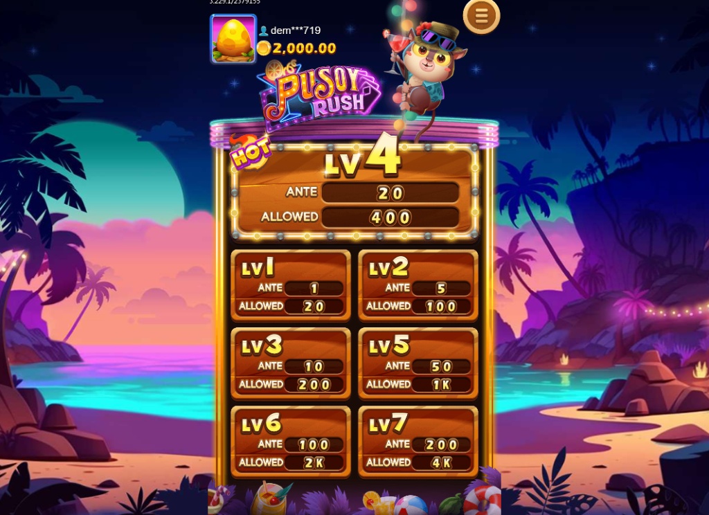 JDB Gaming Pusoy Rush slot game interface showing tropical beach background and lemur dealer.