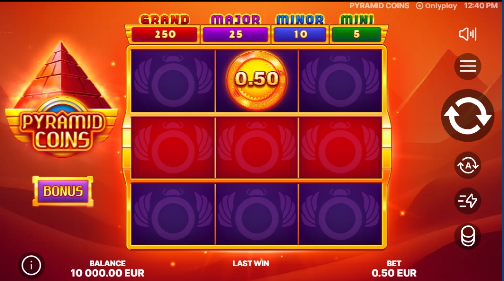 The 3x3 reel layout of the Pyramid Coins slot demo, showing the single center payline and jackpot values.