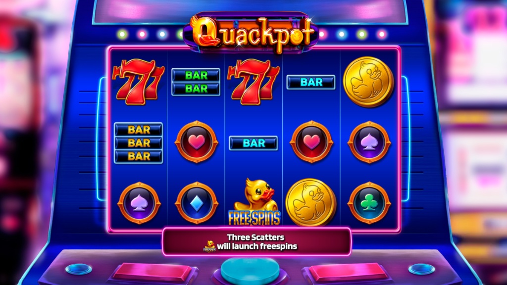 Quackpot slot base game interface showing neon 5x3 grid and rubber duck symbols.