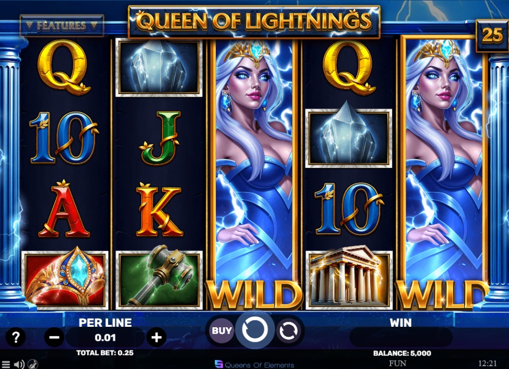Queen of Lightnings slot base game view showing the 5x3 reel layout and mythological theme.