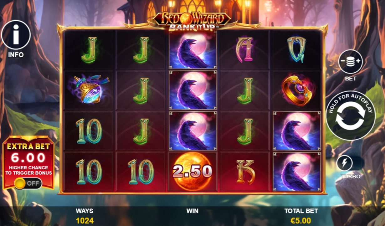 The 5x4 base game grid of Red Wizard: Bank It Up, showing the 1024 ways to win and Extra Bet option.