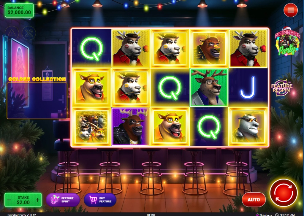 Reindeer Party slot base game view featuring neon lights and 5x3 grid with party animal symbols