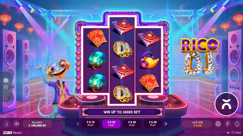 Rico DJ slot base game featuring a unique 3-4-4-4-3 cross grid layout and neon party atmosphere.