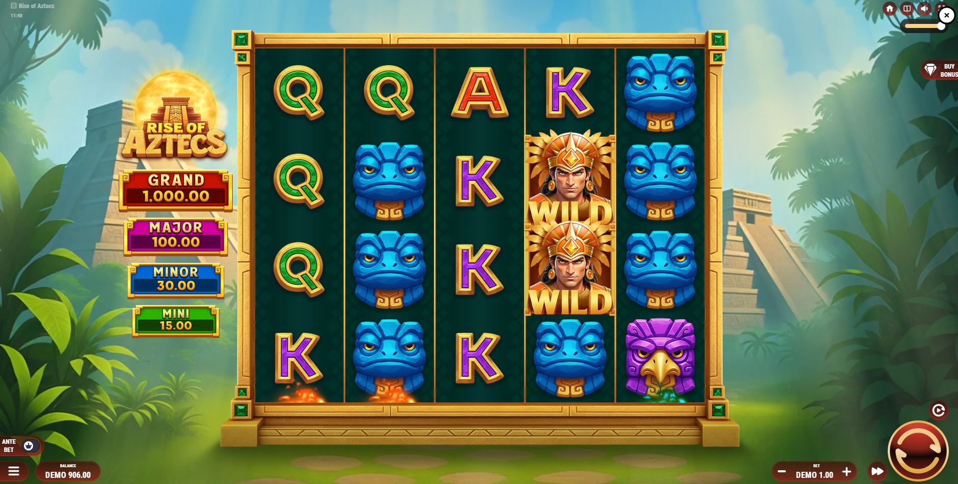 The main 5x4 game grid of the Rise of Aztecs slot, featuring vibrant Aztec mask symbols set against a jungle pyramid backdrop.