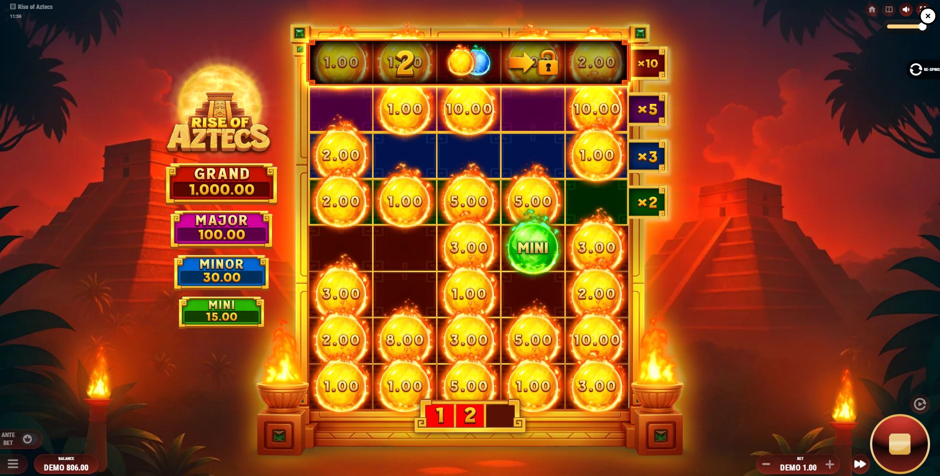 The Hold & Win Bonus Game of Rise of Aztecs in progress, with sticky sun symbols and the re-spin counter active.